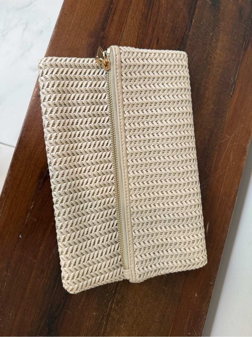 Woven Straw Zip Clutch in Natural Beige
